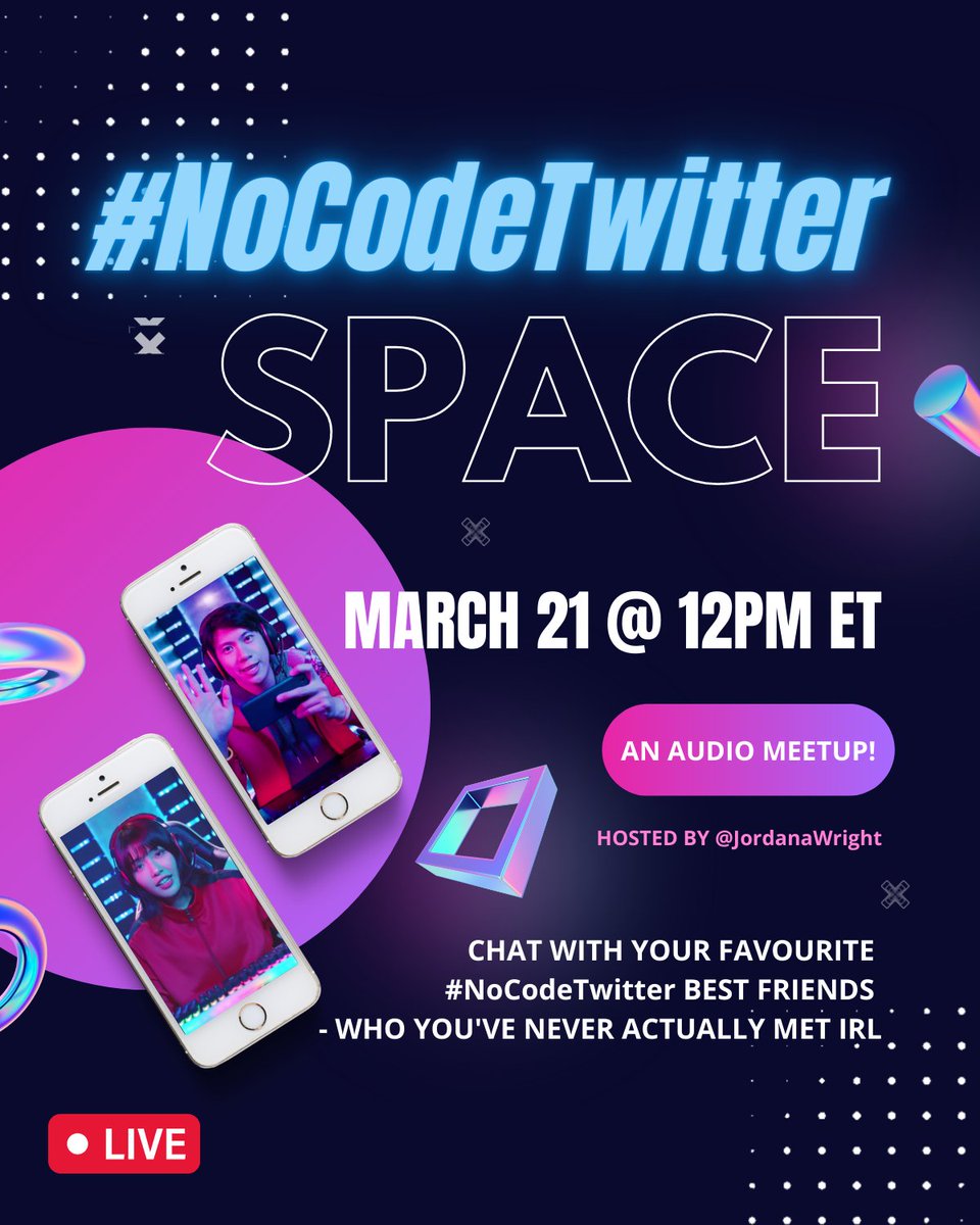 NoCodeCalendar's tweet photo. 🚨 New #nocode event alert 🚨

Name: ⚡The #NoCodeTwitter Space⚡ Audio Meetup!
Date: 2022-03-21
Attendance:  Online
Region: Remote
Host: Jordana Wright
Link: https://t.co/ONyRE2jtOI

Thanks to Jordana Wright for submitting the event! 🥳 https://t.co/z2XdcTMUjr