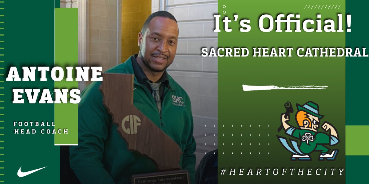 SHCathletics's tweet image. Sacred Heart Cathedral is proud to announce Antoine Evans as the new head coach of our State Champion Football team! We are so thrilled to have Coach Evans in this new role - Go IRISH! #HeartOfTheCity