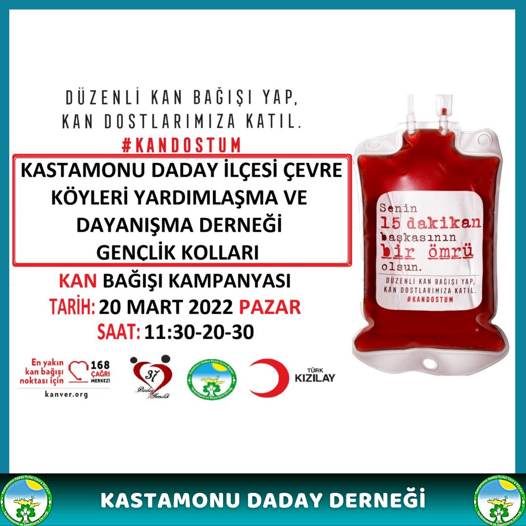 dadayder's tweet photo. "SENİN 15 DAKİKAN BAŞKASININ BİR ÖMRÜ OLSUN.." Kastamonu Daday Derneğimiz, sosyal sorumluluk projelerine imza atmaya devam ediyor. Dernek Gençlik Kollarımız ve Eyüpsultan Kızılay işbirliği ile kan bağışı kampanyasına sende destek ver. 🖐️
#KastamonuDadayDerneği #Kızılay https://t.co/KFHJcZAgtQ