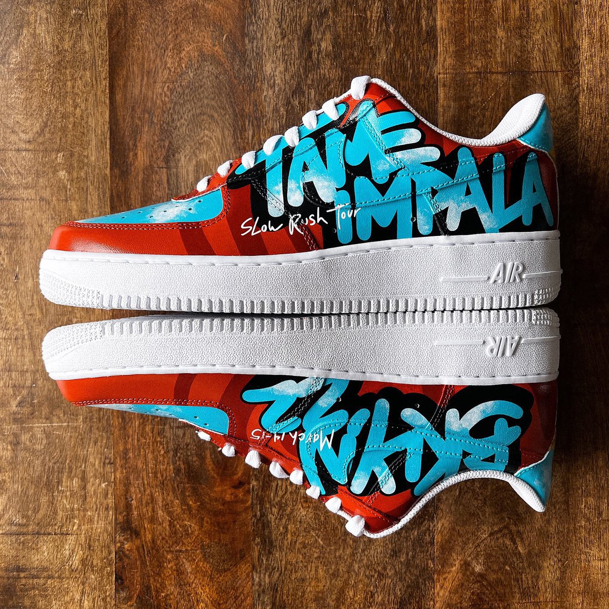 barclayscenter's tweet photo. Custom 1-of-1 hand painted kicks inspired by The Slow Rush⏳

Painted by our very own @itsjkav for @tameimpala celebrating TWO sold out shows in Brooklyn🌀🎨👟 https://t.co/cI1QvcEFY3
