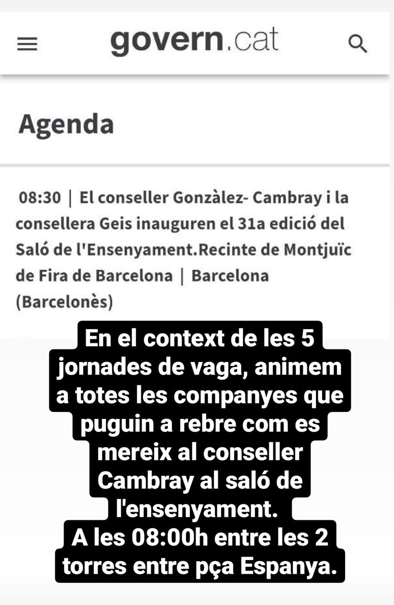 🔊Demà a les 8h anirem a donar la benvinguda a Cambray al Saló de l'Ensenyament. Passa-ho!

#VagaDimissió 
#CambrayDimissió