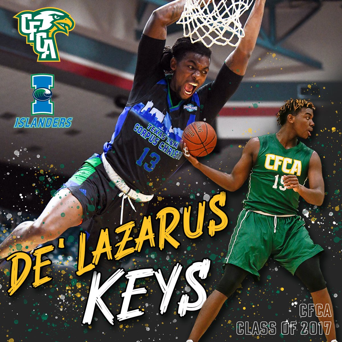 cfcaeaglepride's tweet photo. Congratulations and good luck to De'Lazarus Keys, a 2017 CFCA Graduate, as he participates in the NCAA Tournament (March Madness) with Texas A&amp;M CC! Hard work and perseverance pay off! Check De'Lazarus and the Islanders out, as they tip-off tonight at 6:40pm! #SoarEagles https://t.co/VXlHMMLzsP