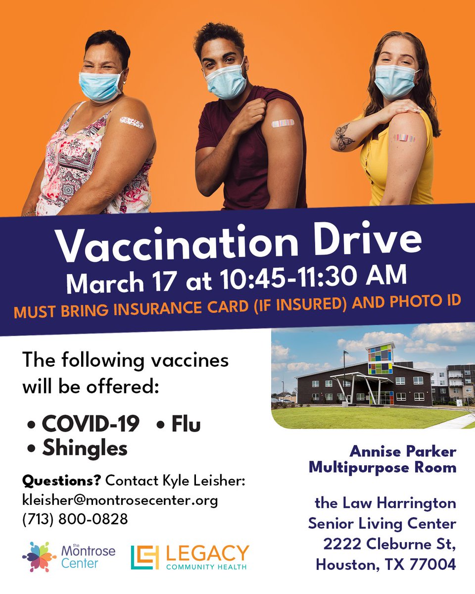 MontroseCenter's tweet photo. Our first of TWO vaccine events is coming up this week!

3/17 from 10:45-11:30a, Law Harrington (2222 Cleburne)
3/21 from 12-1p, the Montrose Center (401 Branard)

No RSVP required, open to the public. Just make sure you bring your insurance card (if insured) and your photo ID. https://t.co/vuxdGCuA4Y