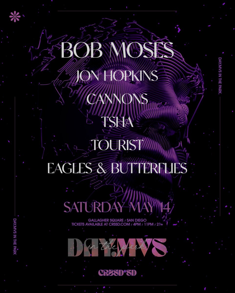 FNGRSXCRSSD's tweet photo. Breaking the silence in between, @bobmosesmusic returns for #DAYMVS Sat, 5/14 alongside @Jon_Hopkins_ @cannonstheband @tsha909 @Tourist @MrButterflies
Register for presale MONDAY 3/21 @ 11AM PT: https://t.co/H6otk4Y5TC
GEN ON SALE 3/22 at 11AM PT
https://t.co/CLTSj2Ndl4 https://t.co/5wQbxu2GLn