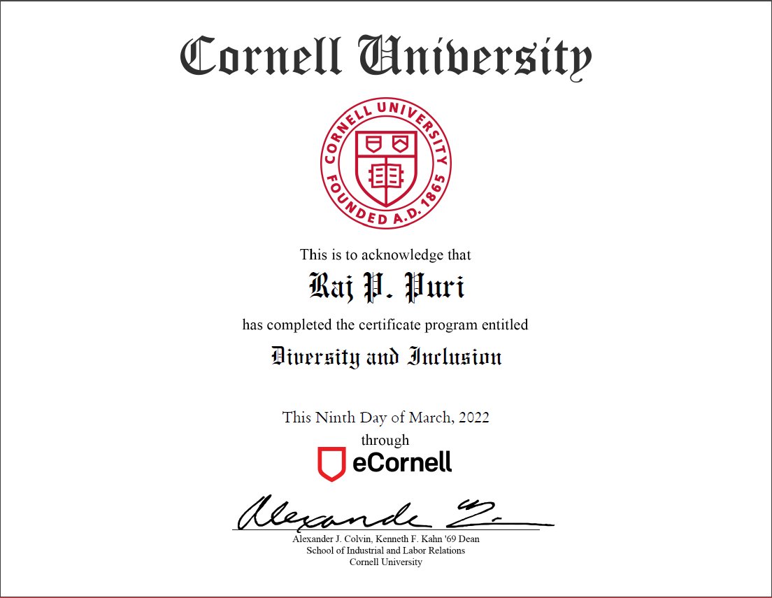 Honoured to have learned from the faculty <a href="/Cornell/">Cornell University</a> University and complete the #Diversity and #Inclusion Certification Program.