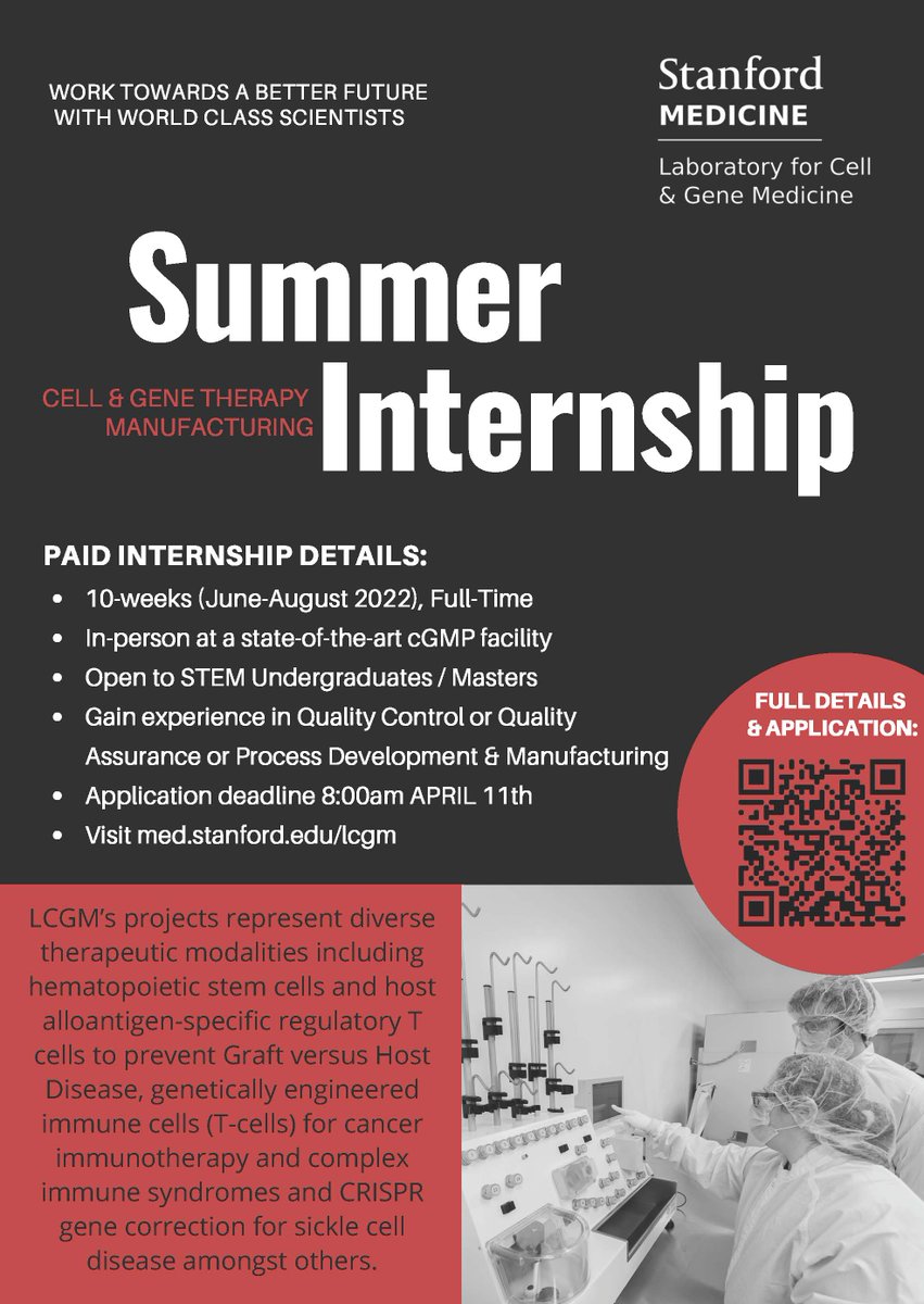 Stanford Laboratory for Cell and Gene Medicine is offering summer internships. It is a 10 week, in-person, paid internship at a state-of-the-art cGMP facility. It is open to STEM Undergrads/Masters and applications are due April 11. Visit med.stanford.edu/lcgm for more details.