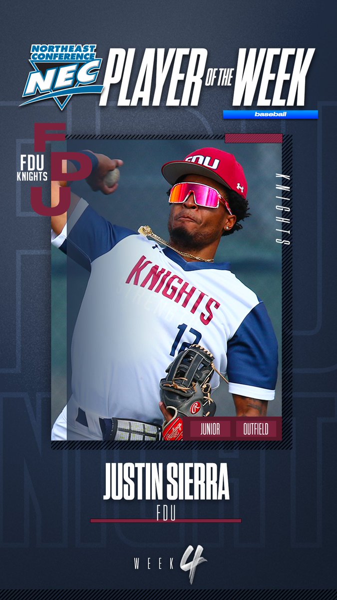 🏅 #NECbaseball Player of the Week 🏅

👉 Justin Sierra, <a href="/FDUKnightsBase/">FDU Baseball</a> 
 
🗒️Sierra batted .500 and had 6 RBIs over 10 plate appearances. The junior walloped a 3-run homer and in FDU's 12-5 win, Sierra went 3-5, drove in another 3 runs, recorded a double and 2 stolen bases.