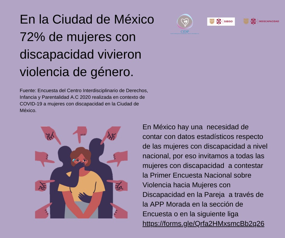 Invitamos a todas las mujeres con discapacidad  a contestar la Primer Encuesta Nacional sobre Violencia hacia Mujeres con Discapacidad en la Pareja  a través de la APP Morada en la sección de Encuesta o en la siguiente liga forms.gle/Qrfa2HMxsmcBb2…