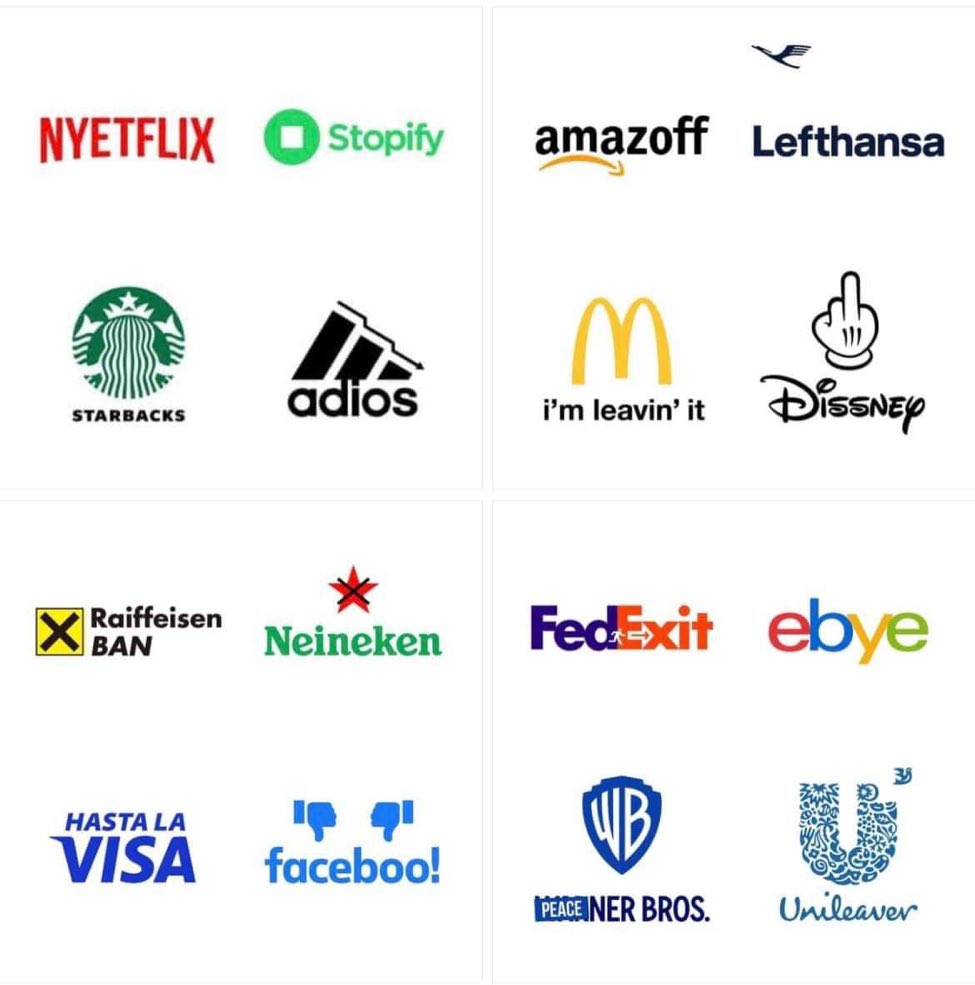AlertaNews24's tweet photo. 🇨🇿🇷🇺 | El diseñador checo Václav Koudelka ha convertido varios logotipos de marcas conocidas que han abandonado el mercado ruso en logotipos de 'adiós'. https://t.co/QCVept2dUt