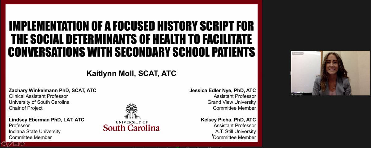 Congratulations to 1st year post-professional AT student Kaitlynn Moll on successfully proposing her research project today on the #SocialDeterminantsOfHealth! 

#GamecockAT #NATM2022 <a href="/KelseyPicha/">Kelsey Picha</a> <a href="/jessedlernye/">Jess Edler Nye</a> <a href="/isuathltraining/">Indiana State DAT</a> <a href="/zachwinkelmann/">Zachary Winkelmann</a>