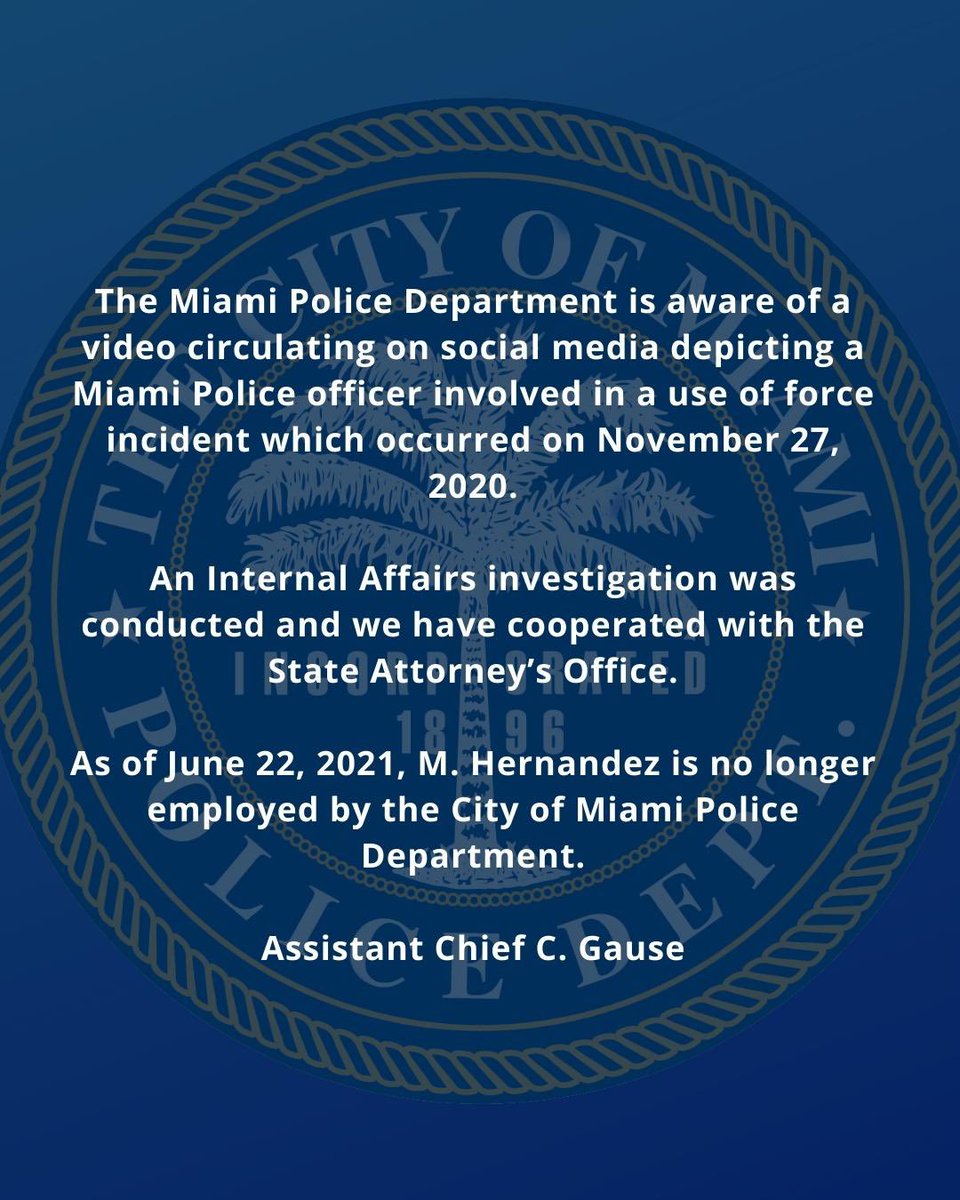 MiamiPD's tweet photo. We are aware of the video circulating on social media of a Miami Police Officer involved in a use of force incident that occurred on 11/27/20. Please see message below from Assistant Chief Gause. https://t.co/vtmbQXMxeM