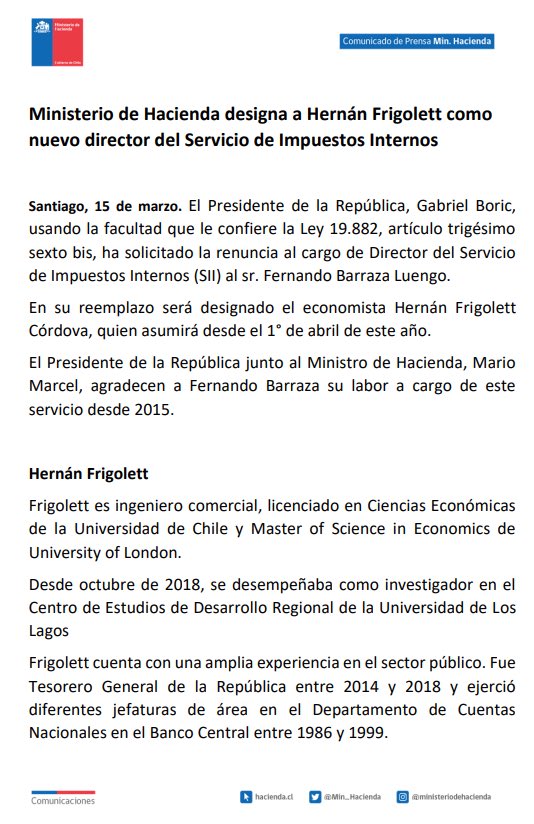 cgajardop's tweet photo. Presidente Boric pide la renuncia del Director del SII, Fernando Barraza y nombra a Hernán Frigolett. Potente señal que sea el primer cargo en que se solicita la renuncia, tras escándalo de platas políticas y falta de querellas. https://t.co/61A4Wsj1IM