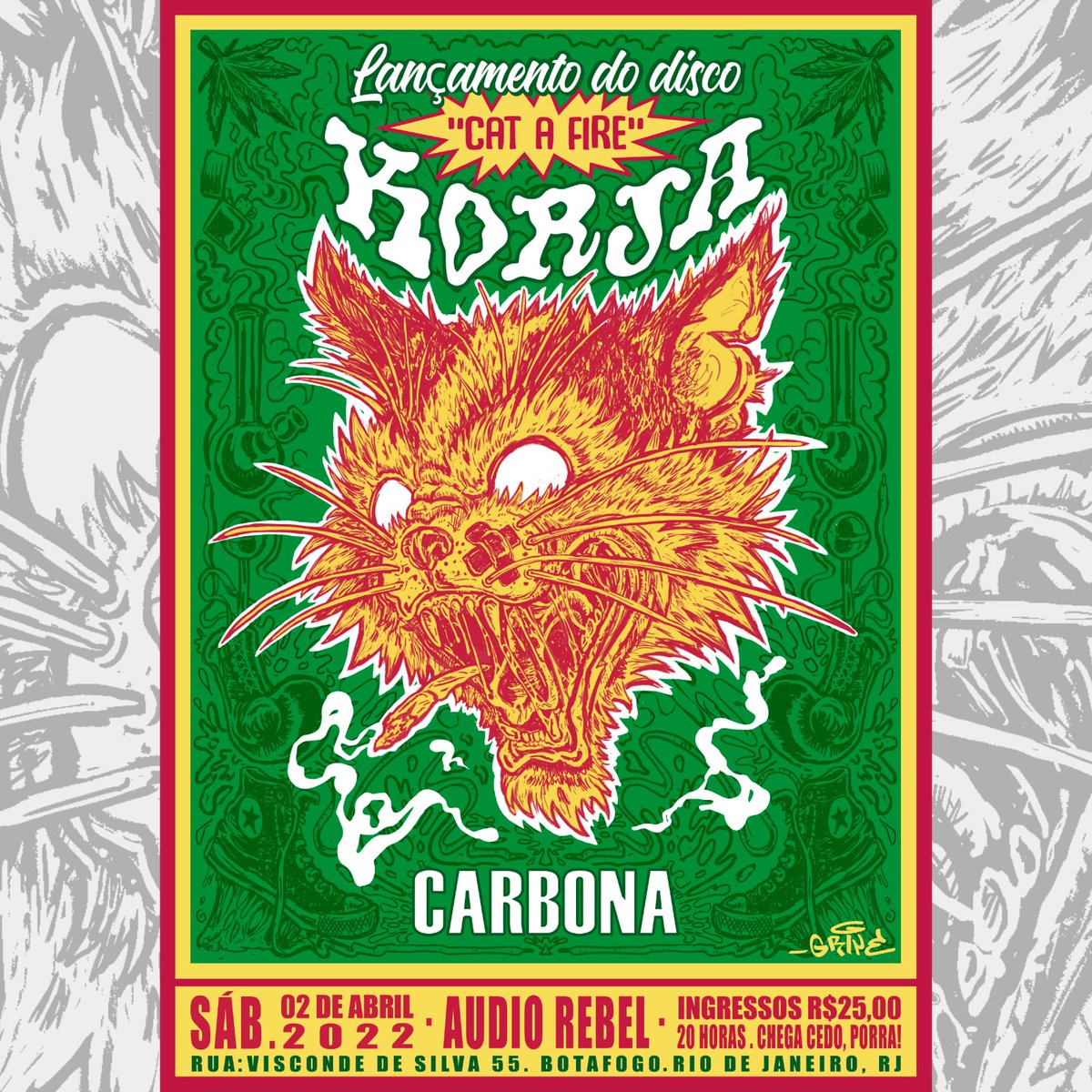 Dia 02 de abril na <a href="/audiorebelrio/">Audio Rebel</a> <a href="/Carbona_Oficial/">Carbona Oficial</a> e lançamento do disco do <a href="/korja/">korja teo</a> 'CAT A FIRE'.
Ingressos no sympla.com.br/korja-lancando…