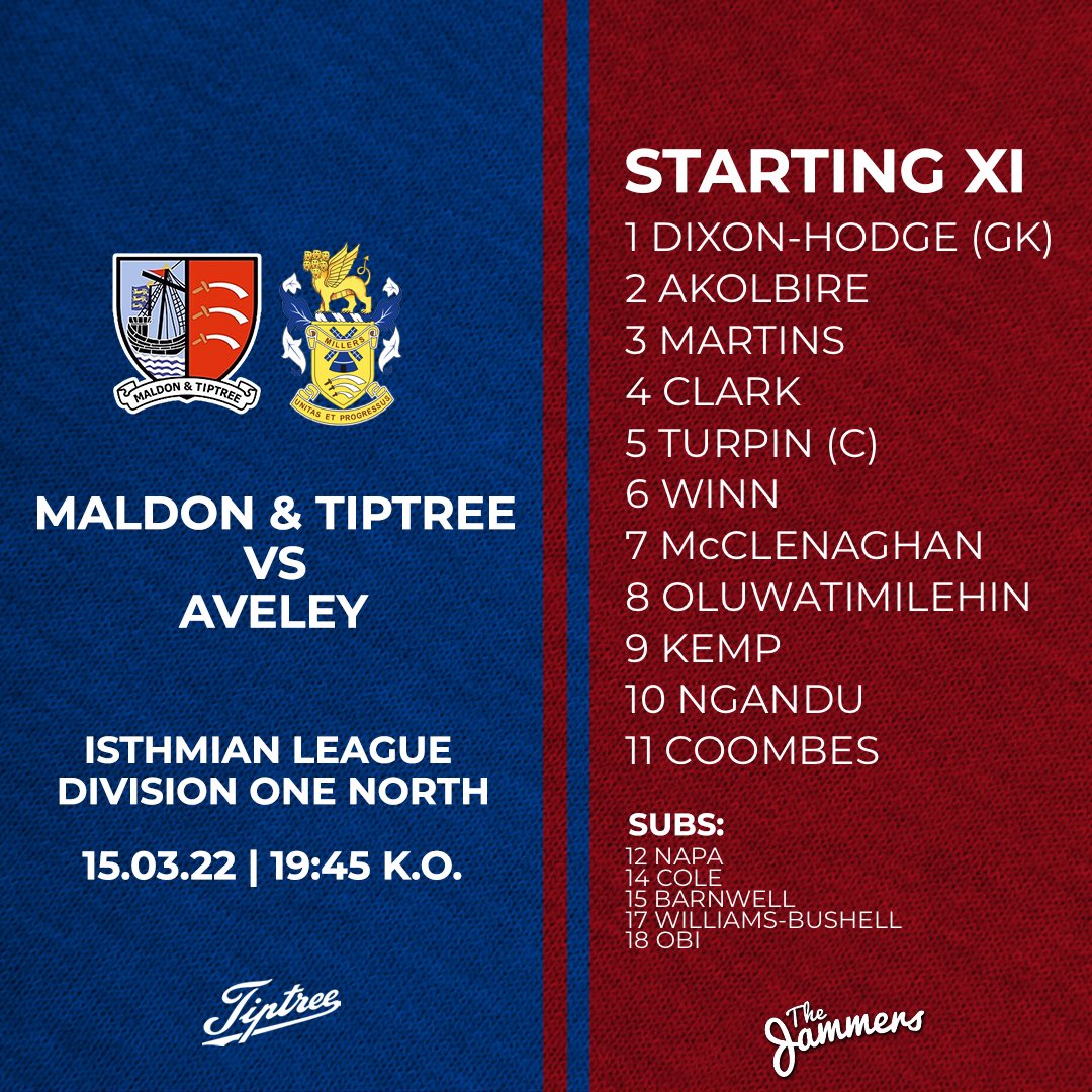 MaldonTiptreeFC's tweet photo. 👕 | STARTING XI
Your Jammers starting eleven this evening, as @JoeyTurpin is named captain with both @16coombes & @robclark20 coming back into the X11.
#Jammers🍓#MALAVE https://t.co/3YI667wd8r