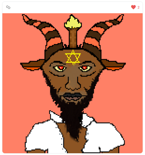 CryptoGoatees's tweet photo. Check out this item on OpenSea https://t.co/eHlPaOhdFJ via @opensea 

#nft #opensea #wca #nftart #worldcupapes #satan #666 #pixelart #eth #ethereum #crypto #btc #bitcoin #nftcollector #nftcommunity #nftartists #blockchain #nftcollectibles #metaverse #MetaverseNFT #rarenft  #new https://t.co/btoyXVOjXV