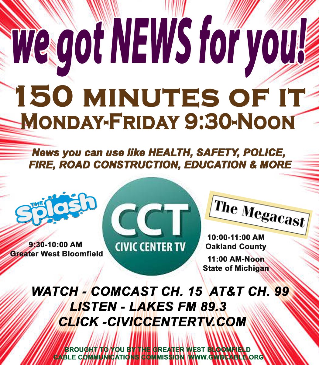 LakesFM's tweet photo. We've got news for you from 9:30 to noon!

Greater West Bloomfield updates 9:30 - 10:00 A.M. Monday through Friday on "The Splash LIVE"

Oakland County updates 10:00 - 11:00 AM on the Oakland County Megacast

Michigan Updates 11:00 AM - 12 Noon on the Michigan Megacast! https://t.co/Y2aUnXplxe