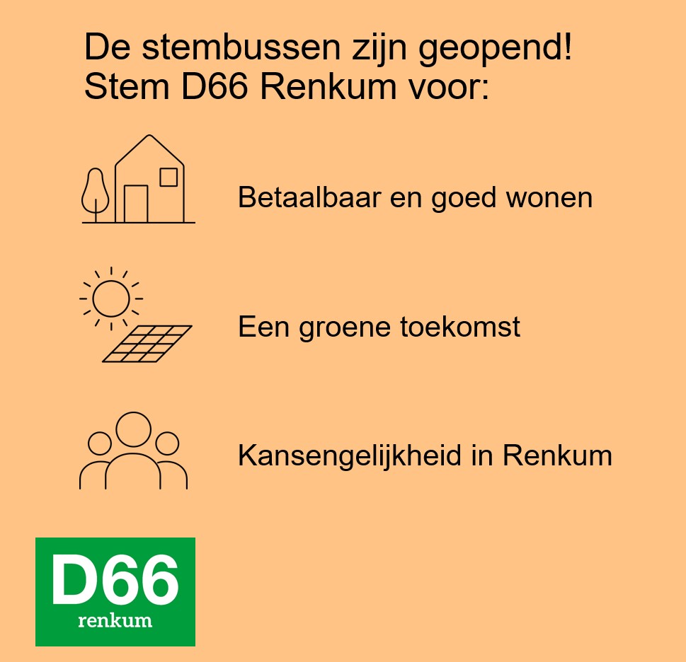 Morgen ga ik stemmen. Ik weet al op welke partij. Jij ook? Nog niet zeker? Hier gaat D66 Renkum voor 👇. Twijfel je nog? Kijk dan op d66.nl/renkum/ voor alle D66 standpunten en een vergelijking met andere verkiezingsprogramma's. 
#GR2022