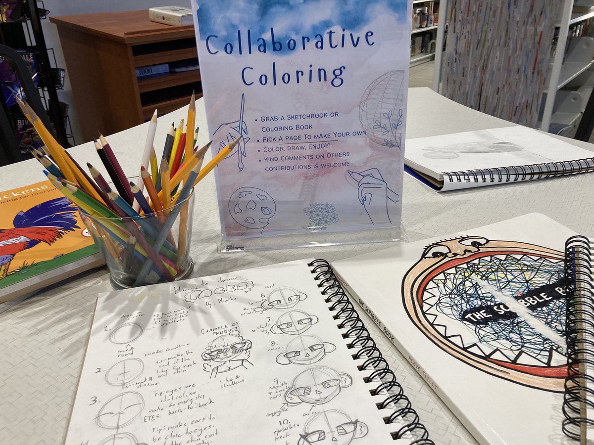 Collaborative Coloring is back! Stop by and fill up a page in a sketchbook or coloring book. #librarylife