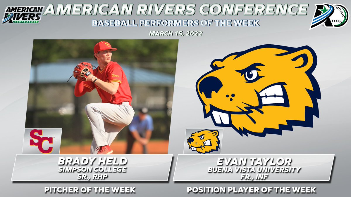 AmerRiversConf's tweet photo. .@BVU_Baseball's Taylor and @StormBaseballSC's Held Collect Weekly @AmerRiversConf Baseball Honors

#rollriversBSB

📰: https://t.co/vOIqdmn85M https://t.co/gfx4QxgtuP