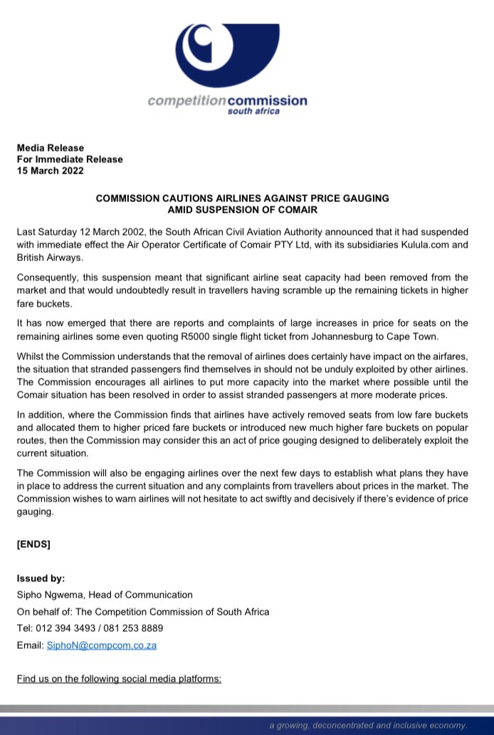 CompComSA's tweet photo. Media Release - @CompComSA cautions airlines against price gauging amid suspension of Comair https://t.co/D97R9DGDXi