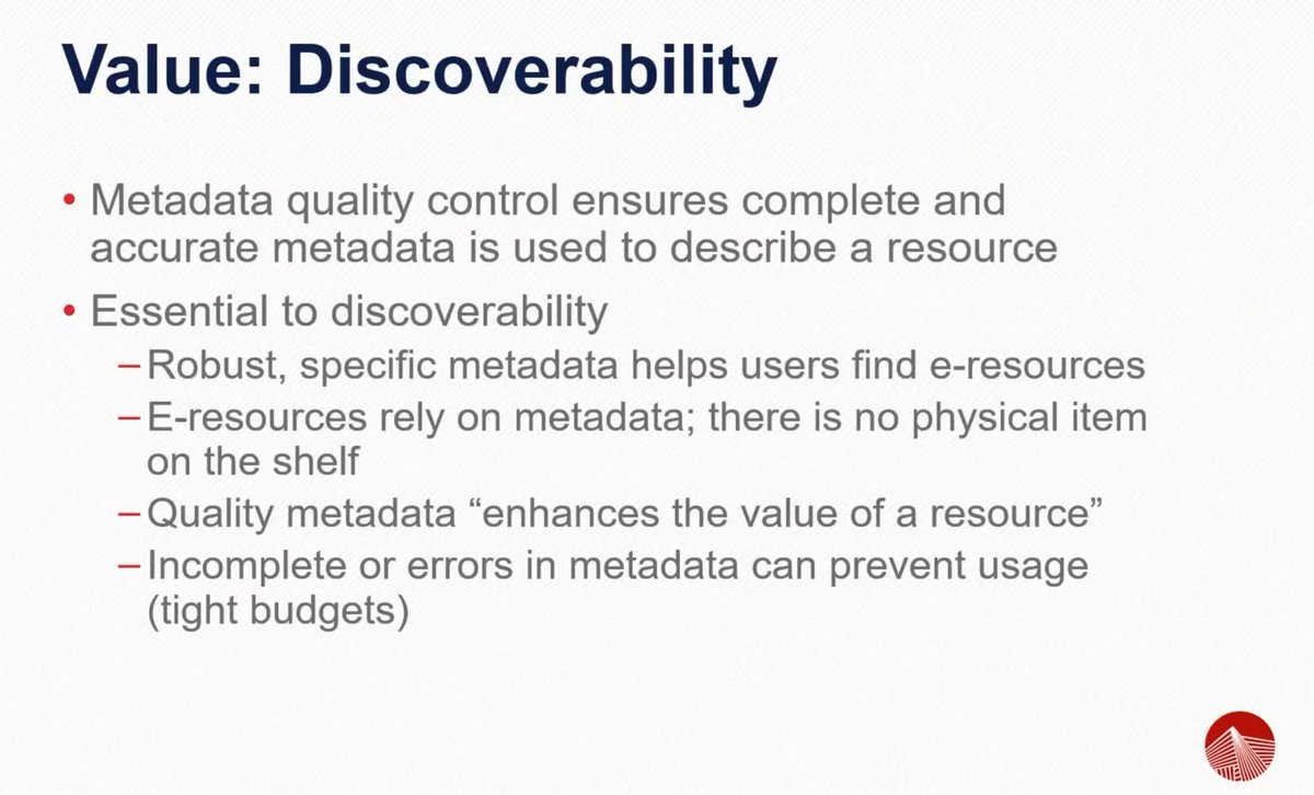 Investment in metadata like #MARC is not just a value-add, but critical for e-resource discovery.  I can’t share this slide enough.  Thank you <a href="/ReadWriteLib/">Emily Alinder Flynn</a> and <a href="/erinincolumbus/">Erin Kilkenny</a> for an informative presentation. #erl22