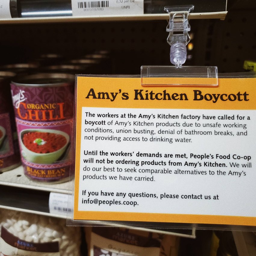 MorePerfectUS's tweet photo. Amy’s Kitchen workers &amp; activist allies are calling for a boycott of Amy’s products.

Workers are organizing to end the brutal schedules &amp; rapid production speeds that leave many with workplace injuries.

The “progressive” company threatened to close or sell if workers unionized. https://t.co/Ls9ztdRhBn