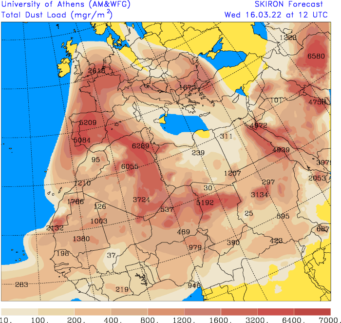 msa6768's tweet photo. Une nouvelle pulsion "sableuse" va concerner la France ce mercredi, avec des concentrations semblables, voire + importantes, y compris en Alsace. Ttefois - de dépôts à prévoir en l'absence de précip. Encore de fortes concentrations à prévoir jeudi, avant une baisse. Carte SKIRON https://t.co/mCYsM9jrBL