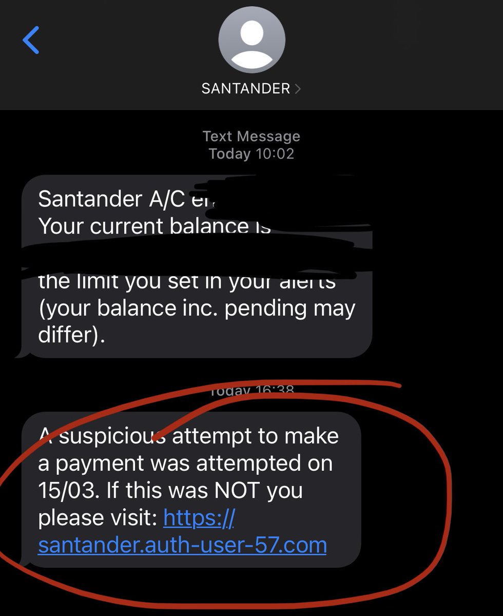 Stuart_ON's tweet photo. @santanderukhelp I’ve received this sms which I believe is an sms phishing attempt. Very convincing as it shows as from ‘SANTANDER’ and followed a genuine sms from you earlier today. The URL is reported as spam with some sites like @spamhaus https://t.co/gn1rv30qdL
