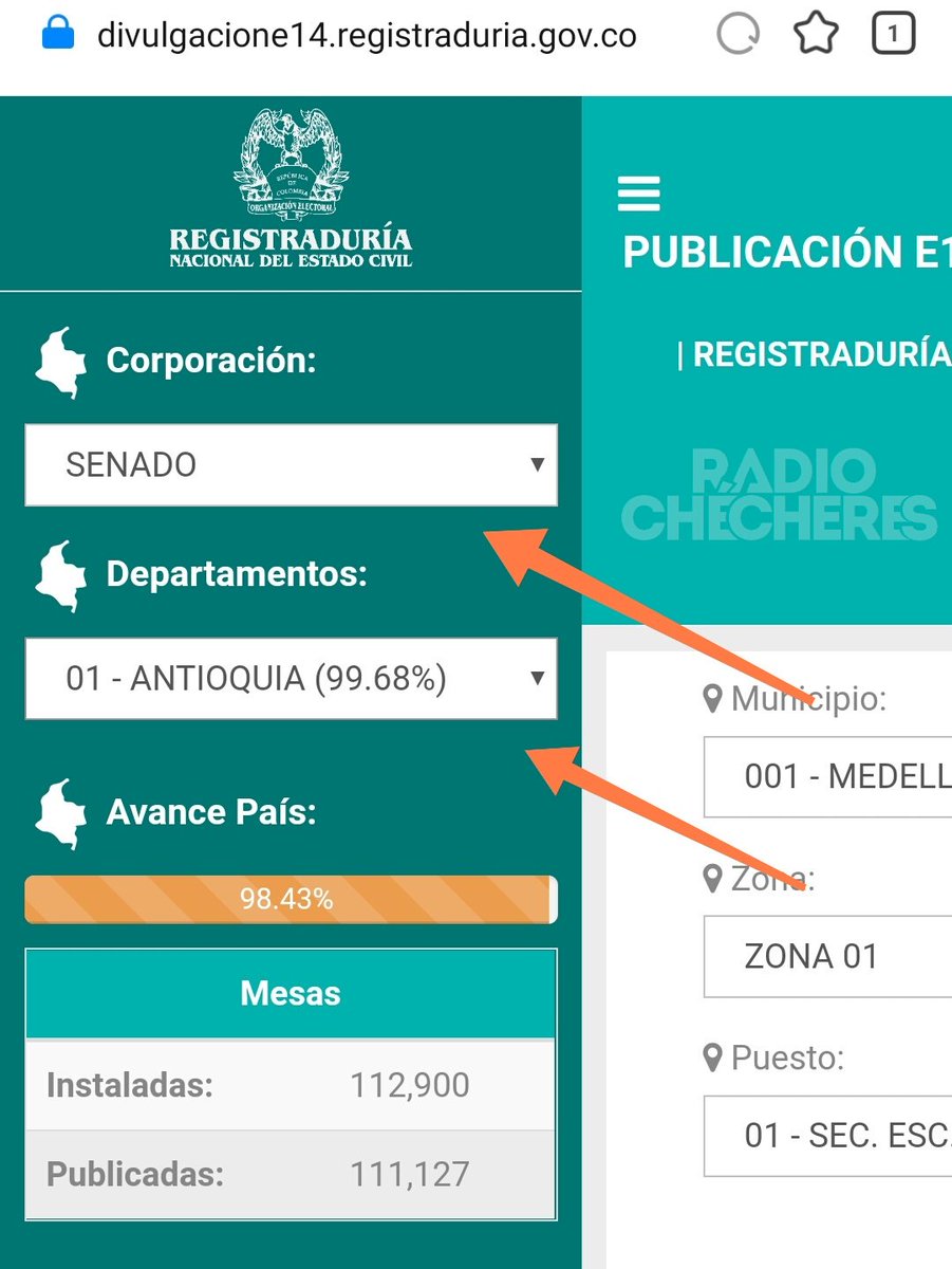 RadioChecheres's tweet photo. 🚨 #ElDato Cómo saber si tu voto está?

⚠️ Actas E-14:

✍️ En tu certificado de votación mirá Zona y Mesa
📲 En la web de la Registraduria, en menú seleccioná tu departamento y municipio https://t.co/Nk679GFxyh
💬Ingresás tu Zona, Mesa y Puesto de Votación

 🧵 #Hilo 1/2 https://t.co/etptXAUqV3