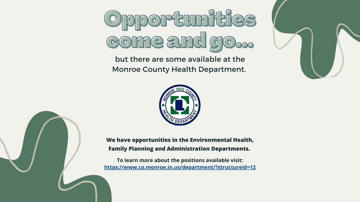 📣 We are hiring! Join our team.

Visit our website to learn more about the
positions we have open.
#MonroeCountyHealthDepartment #linkinbio #MCHD
#HealthAdministrator #EnvironmentalHealthSpecialist
#LPN #LicensedPracticalNurse
#HiringInBloomingtonIndiana #Hiring