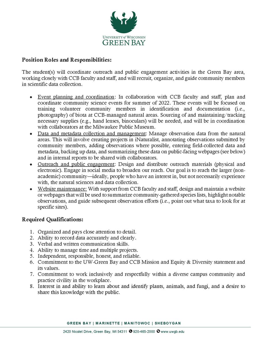 We are hiring up to TWO UW-Green Bay students this summer to serve as Community Science Outreach Coordinators! Pay rate is $14-$16/hr with the opportunity to participate and organize community science survey work on wildlife and plants on UW-Green Bay properties. Apply now!