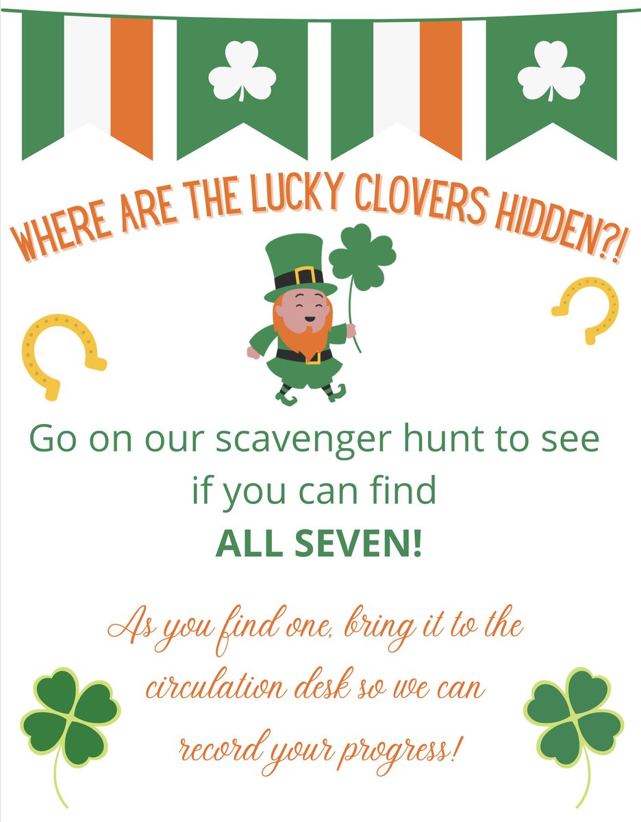 SaralandHSLib's tweet photo. Stop in the library when you have some free time &amp; go on our lucky clovers scavenger hunt! #StPatricksDay #monthofmarch #libraryfun https://t.co/3D7CikV2yc