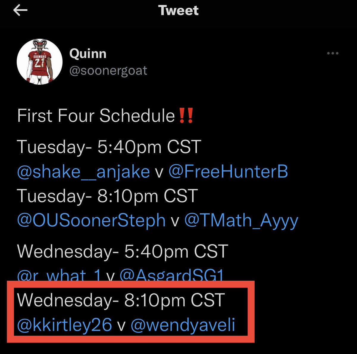 JustinKelso's tweet photo. @SoonerScript I’m dreading making a pick here: @kkirtley26 @wendyaveli #OUTwitterMarchMadness https://t.co/CEZpVFOOC8