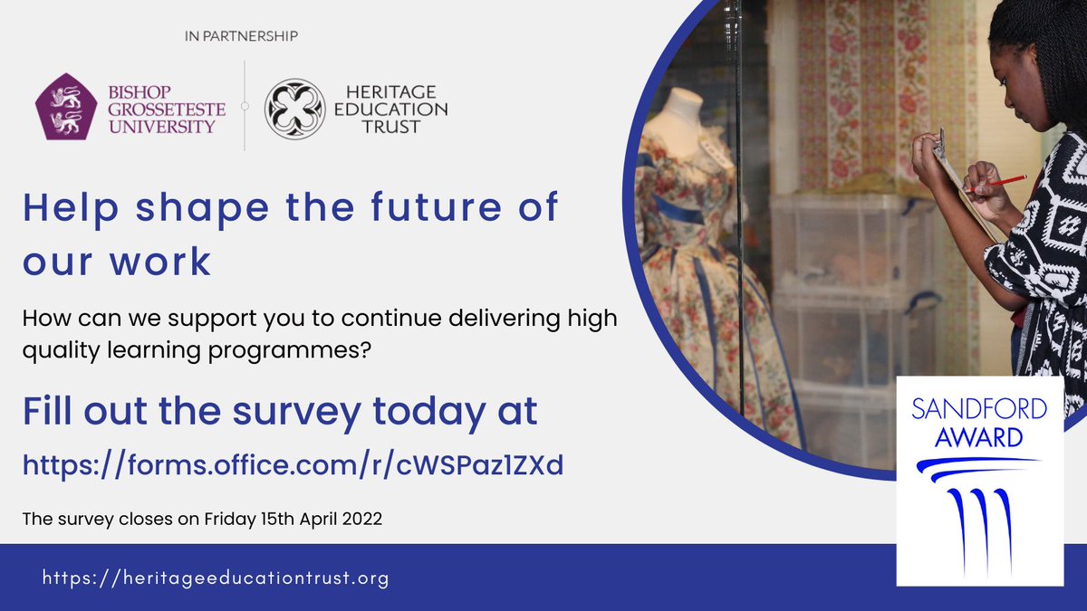 sandfordaward's tweet photo. Calling all heritage learning professionals. Please help shape the future of the Heritage Education Trust and the Sandford Award by completing this short survey https://t.co/Q8Opwsoit4 #Museums #MuseumEducation #MuseEd #Learning https://t.co/6W7Rm59Q6V