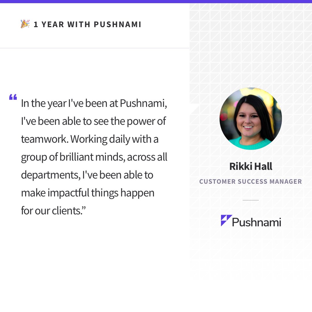 pushnami's tweet photo. We're celebrating four pushiversaries this month!

Congratulations and THANK YOU to Jess Aluko, Janel Sori, Rikki Hall and Robert Dale Smith for your dedication to our company. 💕
#pushpeeps #companyculture #milestones https://t.co/b2cW4xJlYN