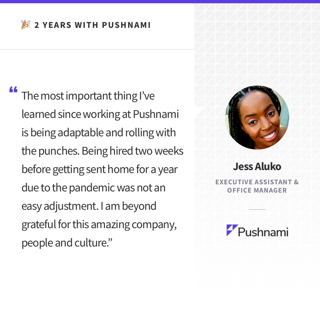 pushnami's tweet photo. We're celebrating four pushiversaries this month!

Congratulations and THANK YOU to Jess Aluko, Janel Sori, Rikki Hall and Robert Dale Smith for your dedication to our company. 💕
#pushpeeps #companyculture #milestones https://t.co/b2cW4xJlYN