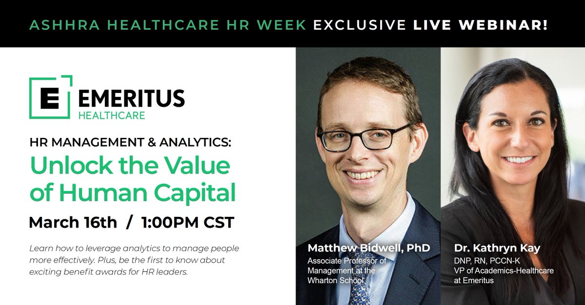 EMERITUS_INST's tweet photo. Did you register for this Wednesday's Healthcare HR event? Get an overview of how to leverage analytics to be a more effective HR leader as well as tuition benefit awards. Register: https://t.co/zoRZNxYVT2
#HCHRWeek #ASHHRA #Emeritus #EmeritusEvents #Webinar #WhartonExecEd https://t.co/nUT6feHTHs