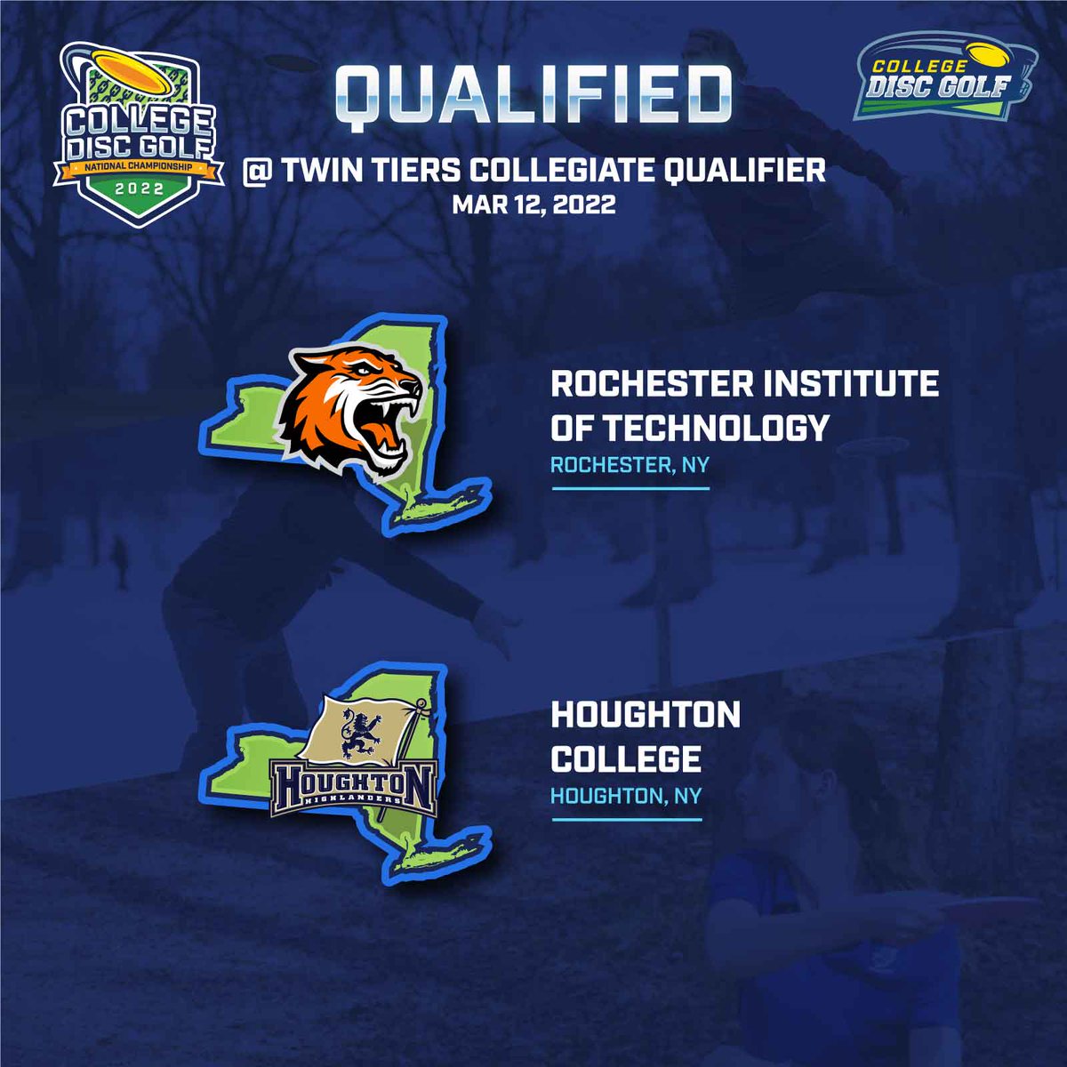 CollegeDiscGolf's tweet photo. Twin Tiers Collegiate #CDGNC Qualifier results: 
Rochester Institute of Technology and Houghton College qualified for Nationals. 
Thanks @twintiersdiscgolf for running this qualifier in the Northeast. 👏
#CollegeDiscGolf #pdga #collegesports #discgolf https://t.co/zJpdZwYa1c