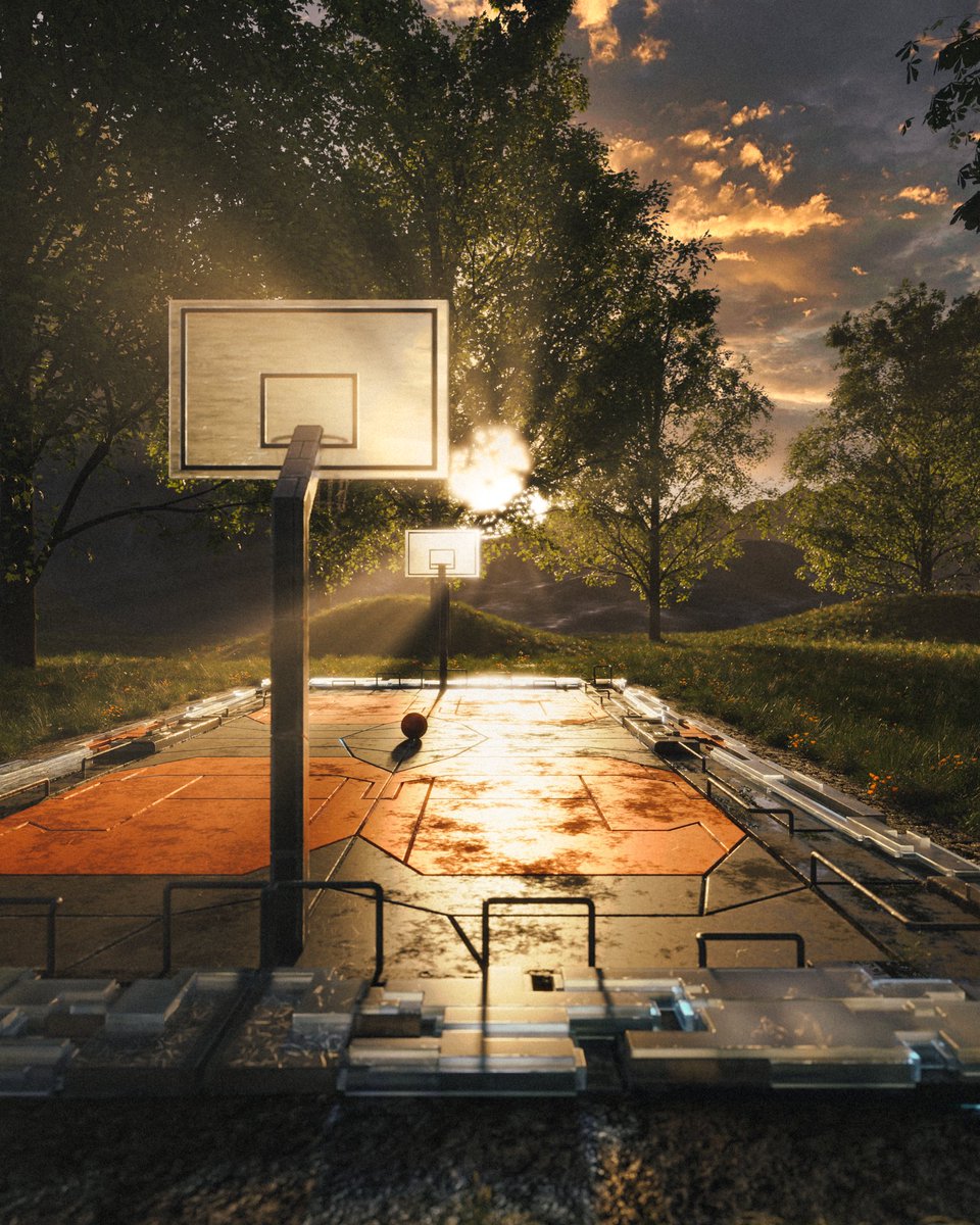handyscratch's tweet photo. Daytime version of the scifi basketball court in the woods.

 #randomflow #blendercommunity  #cyclesrender #scifiart #scifi #basketballcourt #nature https://t.co/THduJRzc3k
