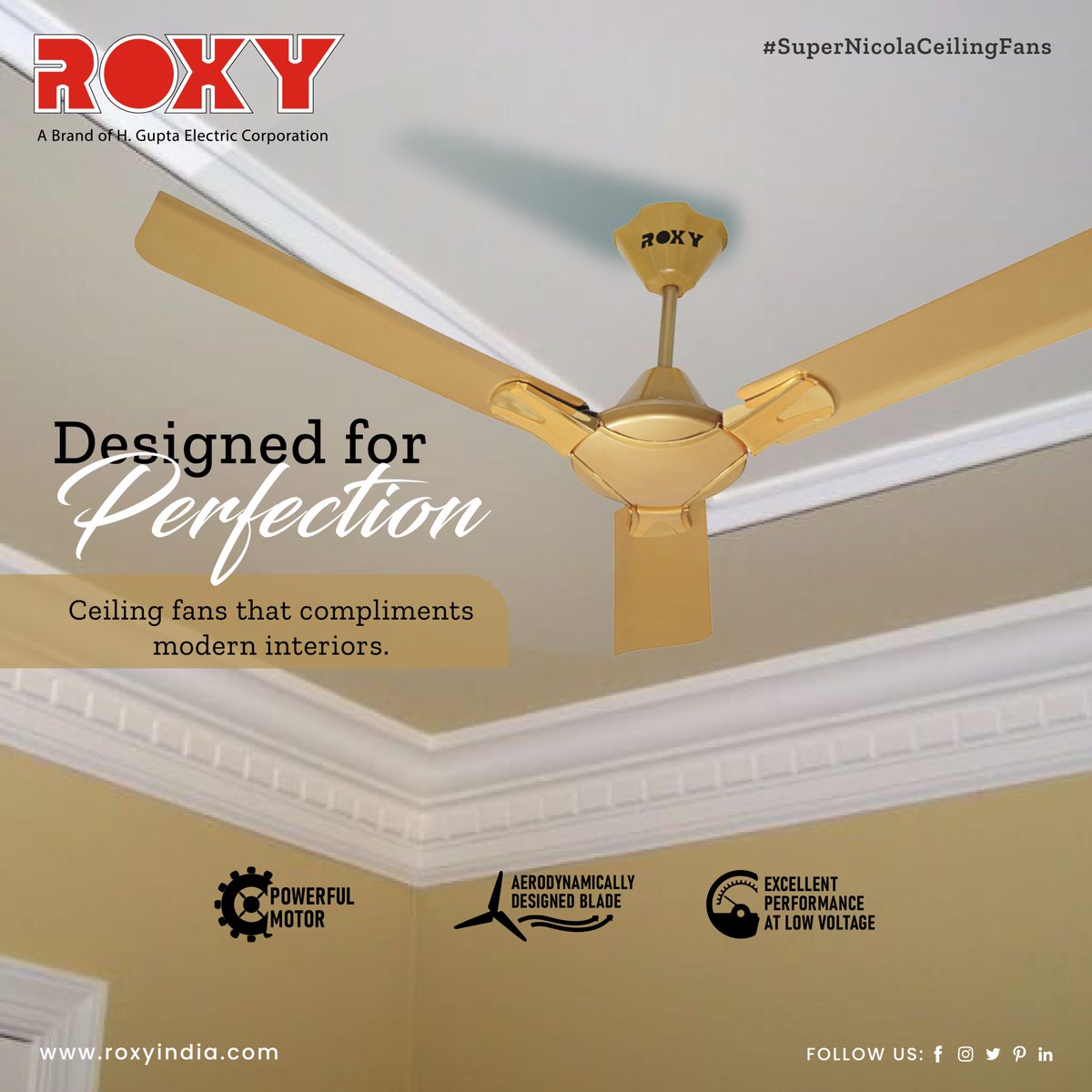 The stylish ceiling fans not only provide cooling and energy efficiency but also enhance the aesthetics of your home.

For more information visit: roxyindia.com

#nicolafan #celingfan #roxy #roxyappliances #kitchenhood #kitchendesign #interiordesign #kitchen
