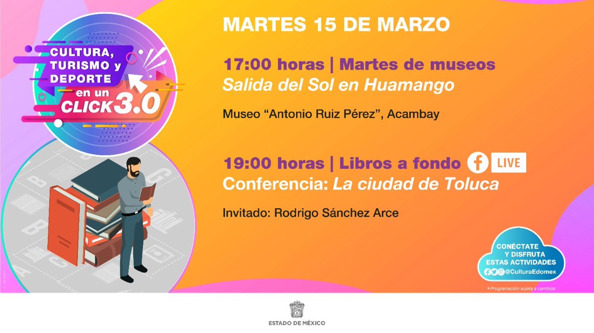 COBAEMex's tweet photo. 🎭Cartelera #CulturaEnUnClick:

⏰17:00 Ignacio Martínez nos contará de las actividades en la zona arqueológica de Huamango para recibir el equinoccio de primavera. 

⏰19:00 En #LibrosAFondo platicaremos sobre Toluca la bella.

@CulturaEdomex @Edomex https://t.co/h6JknpaMtC