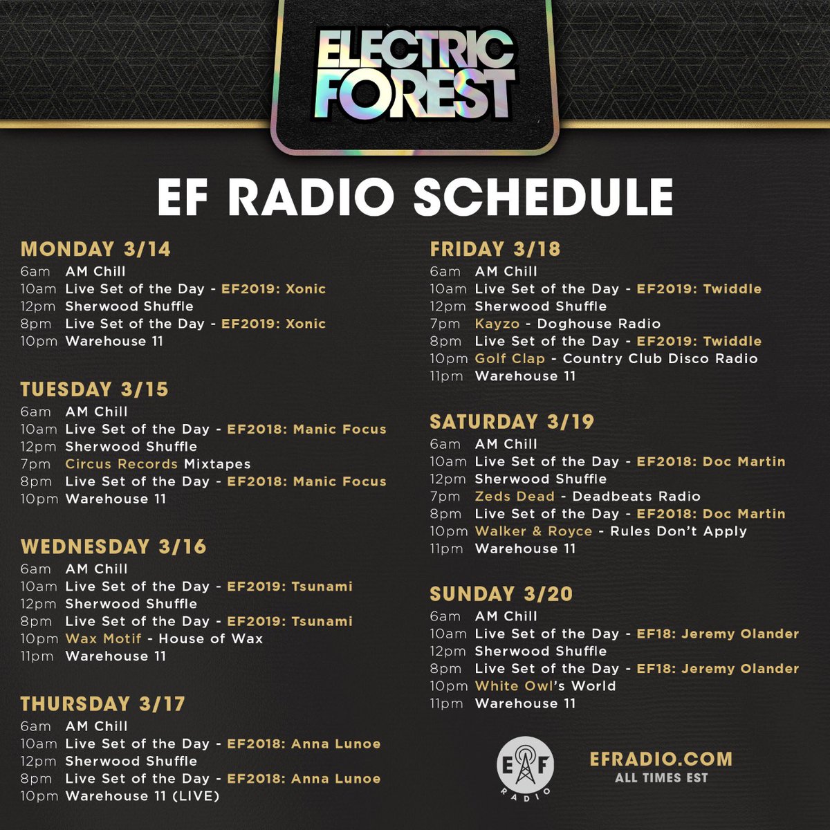 Electric_Forest's tweet photo. This week on @EForestRadio! 📻🌲

Tune in for #EF2018 &amp; #EF2019 sets from @ManicFocus, @AnnaLunoe and others, plus daily broadcasts of the AM Chill and Sherwood Shuffle, blocks from @Deadbeats Radio and @GolfClapDET, and more.

Hear it 24/7/365 at https://t.co/bpCBwX9BfI! https://t.co/144jWm4s3r