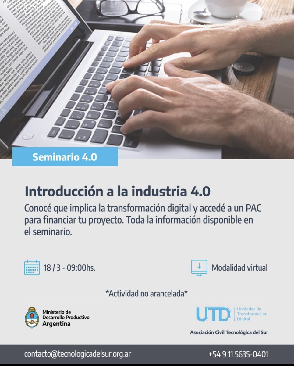 RadarVTIC's tweet image. 🗓18/3 9h Seminario 4.0. auspiciado por el Mrio de Desarrollo Productivo de la Nación. Proyecto para la promoción de la competitividad, innovación y desarrollo productivo de las MiPyMEs.
Anotarse acá👉forms.gle/iuyQBZ2uJm88tw…
@SecTrabajoBegui @iiaunaj @UNAJ_oficial
