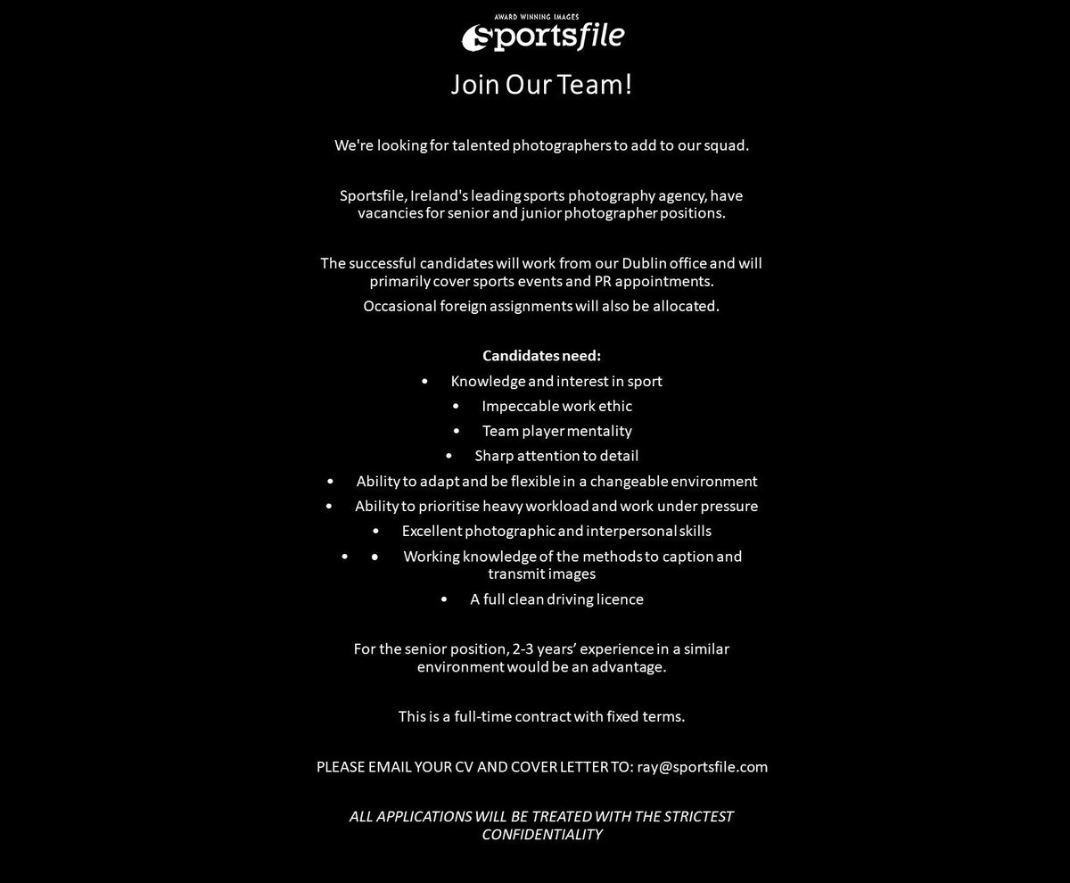 sportsfilesteve's tweet photo. JOB ALERT!! 

Join Our Team 📸 

Staff photographer positions available with Sportsfile ⬇️ https://t.co/wAO0FTFIM4