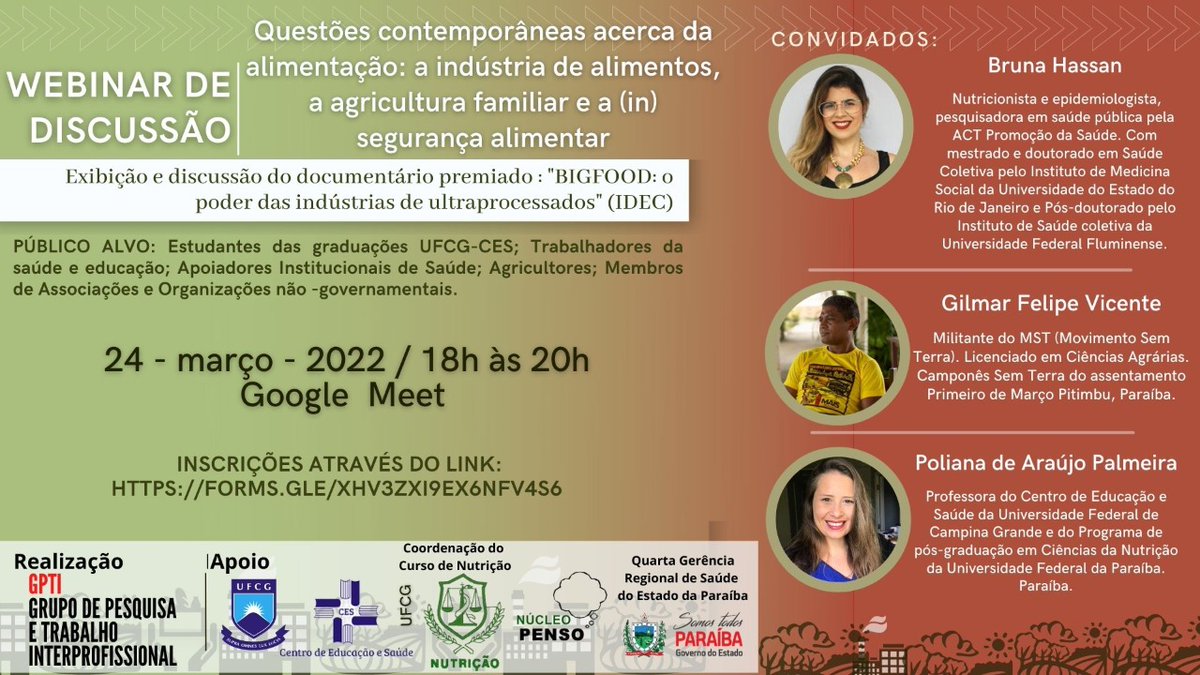 actbr's tweet photo. Inscreva-se no webinar "Questões contemporâneas acerca da alimentação: a indústria de alimentos, a agricultura familiar e a (in) segurança alimentar", do curso de Nutrição da @CES_UFCG. Com participação da @BrunaKHassan, consultora em pesquisa e nutrição da @actbr. https://t.co/L0a1LpM4tU