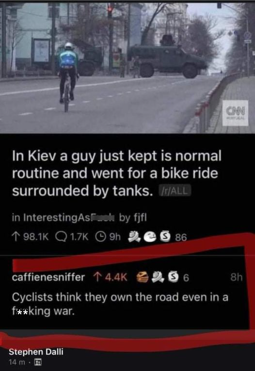 Heavyglare's tweet photo. You can't keep a good guy down. But, you can always find someone to complain about a cyclist. 
#keepriding #nevergiveup #peaceinUkraine #heavyglare https://t.co/B9n4vLxJ0j