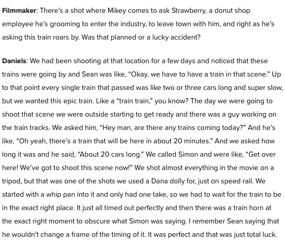 Love this interview with RED ROCKET DP Drew Daniels. SUGARLAND EXPRESS as visual/coverage reference point makes total sense. Also this story about capturing a perfectly timed train shot! filmmakermagazine.com/113734-intervi…