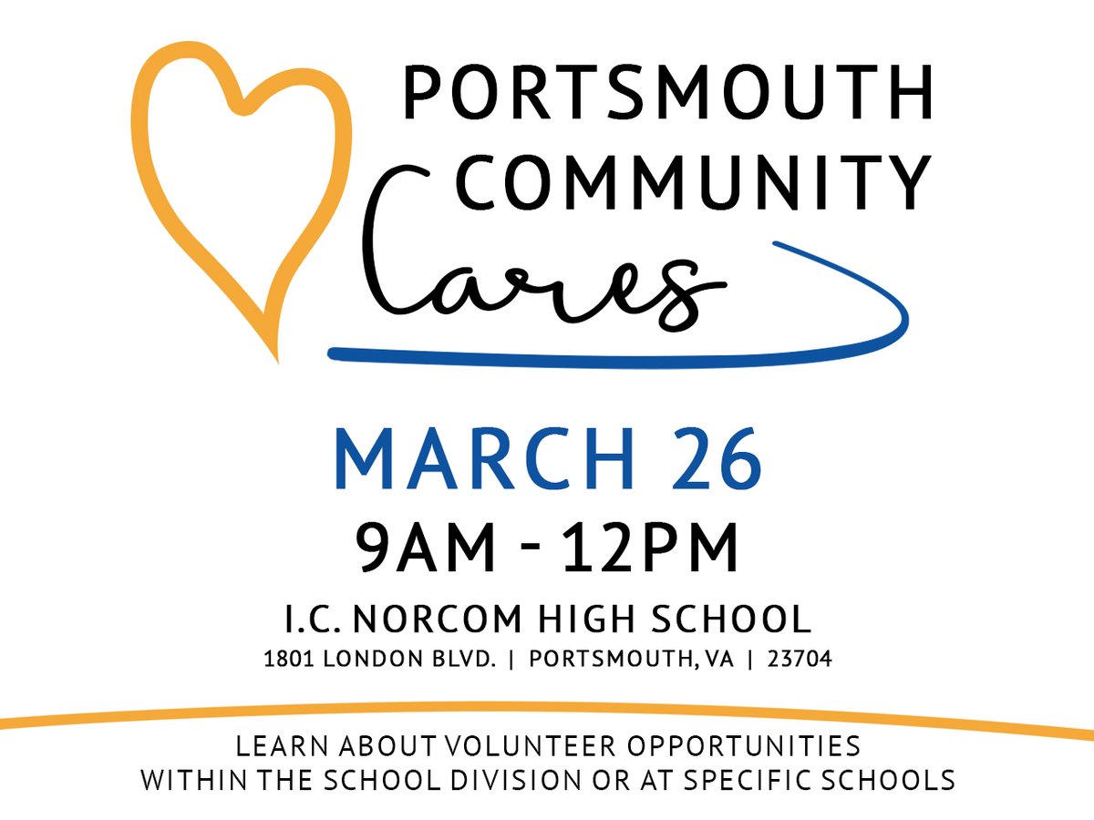 Interested in volunteering with Portsmouth Public Schools? Attend the Portsmouth Community Cares event being held March 26 from 9am-12pm at I.C. Norcom High School to learn more about how you can get involved within the school division! #PPSShines