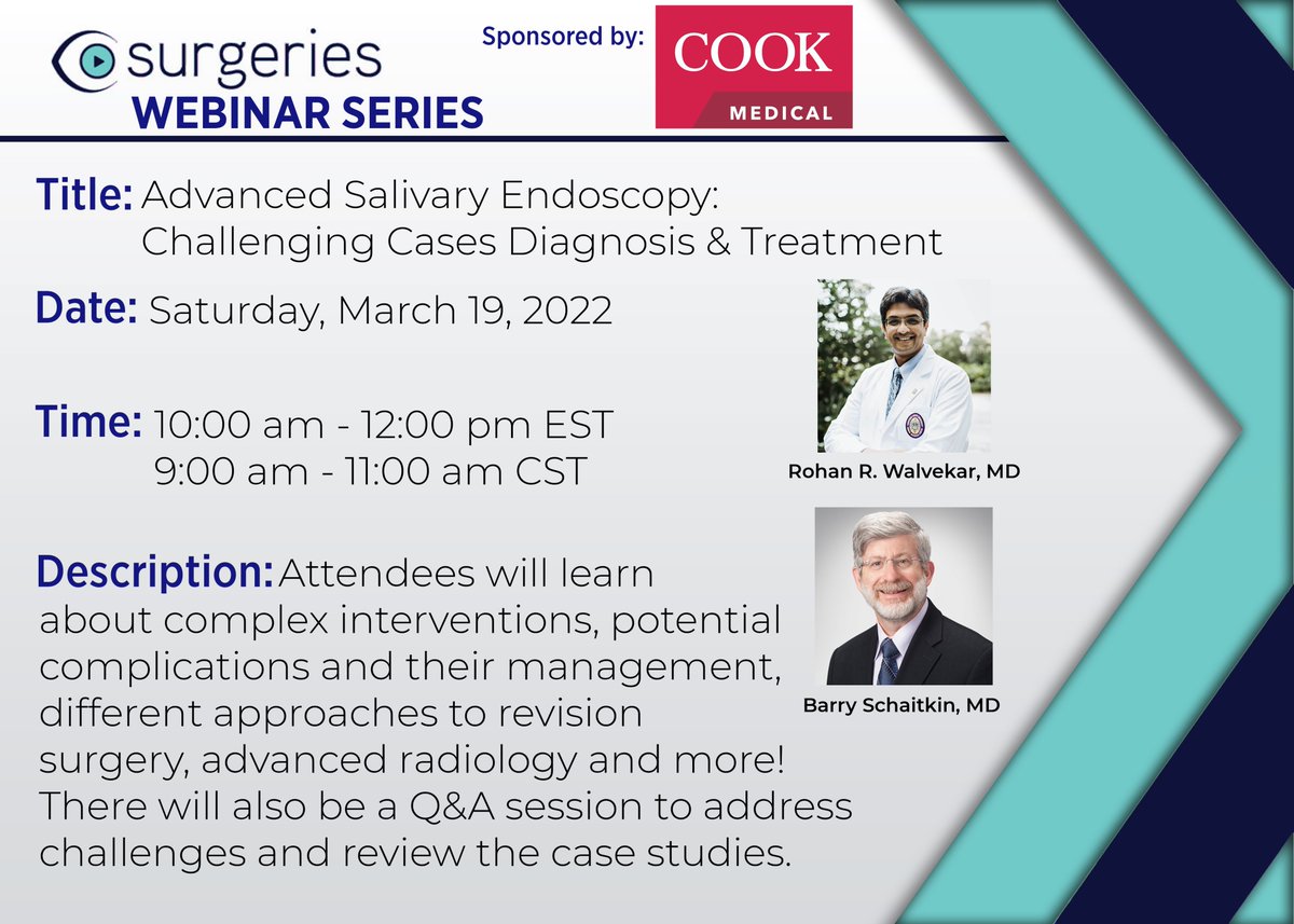 CSurgeries's tweet photo. This is the last week to register for the second session on Sialendoscopy cases, sponsored by our friends at @CookMedical @CookOHNS #csurgeries #meded #match2022
https://t.co/JziV7mrv0S https://t.co/laGUI6mQnB