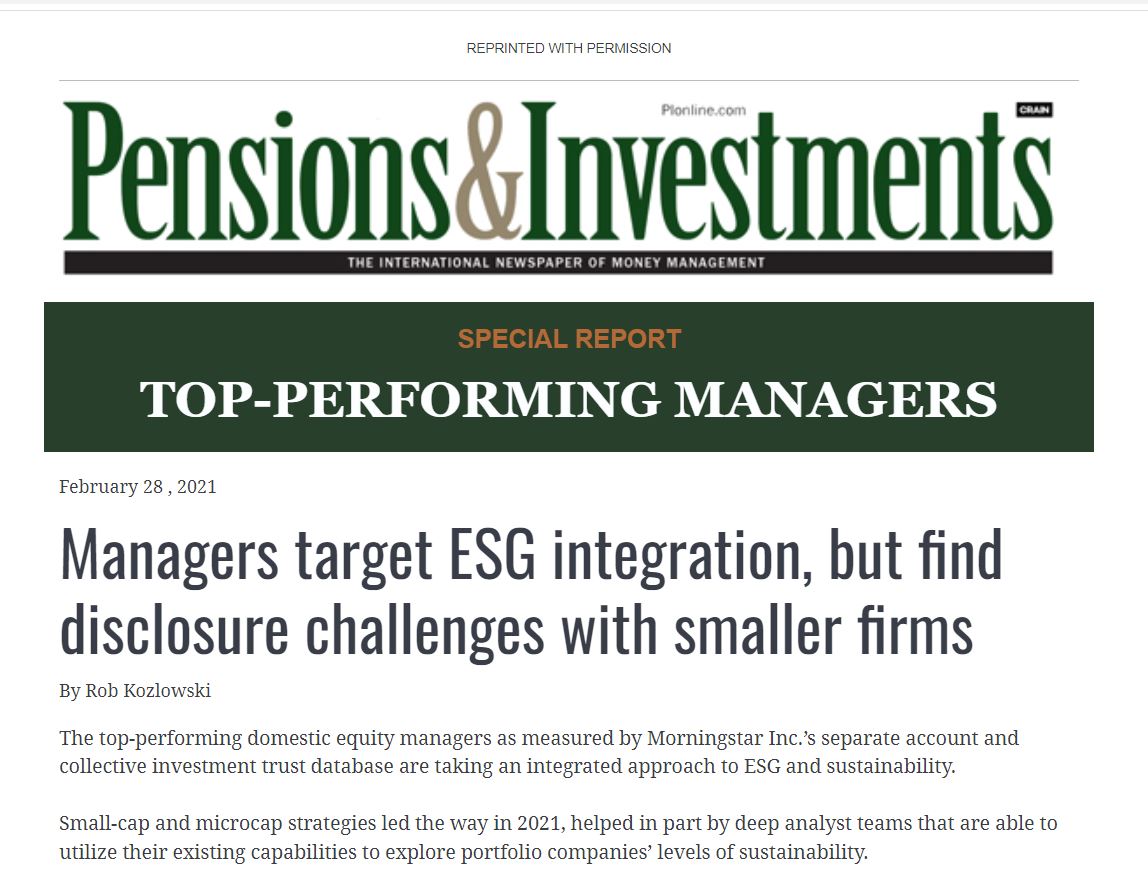 BridgewayCM's tweet photo. Bridgeway's Small-Cap Value strategy led all domestic equity managers for 2021 and is off to a strong start in 2022! Thank you to Pensions &amp; Investments for the recognition and ESG discussion. #relationalinvesting #smallcaps
https://t.co/Fnu47hceif https://t.co/U5Bl86Vsd1